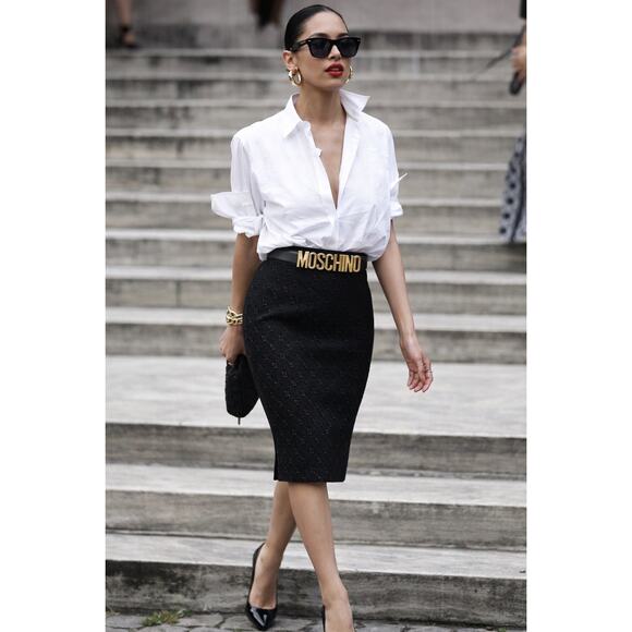 Moschino Black Textured Jacquard Pencil Skirt, Fitted High Waist, Made in Italy